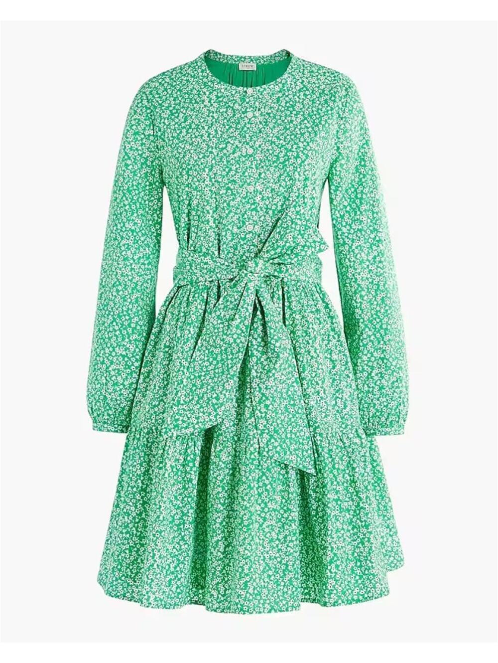 J. Crew NWT Women's Floral Printed Tie-Waist Mini Dress Cotton Poplin Green M